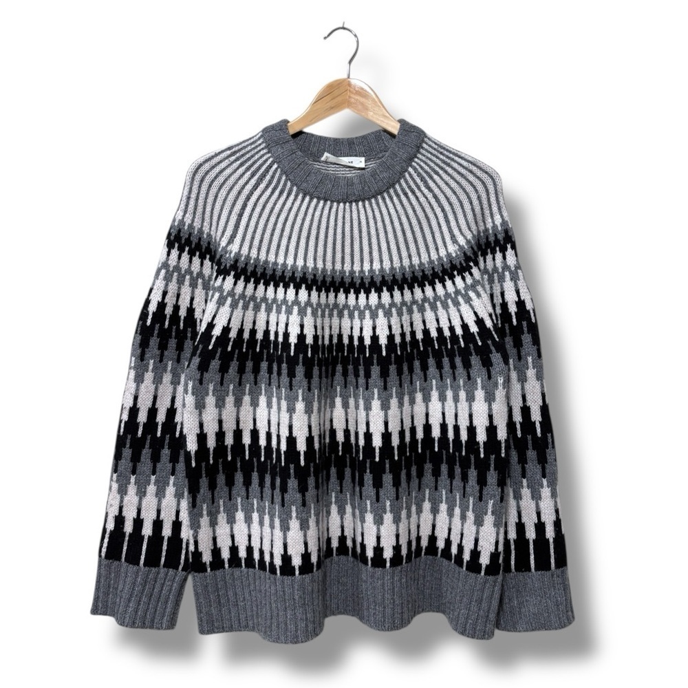 Everlane The Fair Isle 100% Wool Crewneck Black White Scandinavian Sweater XL - Picture 4 of 10